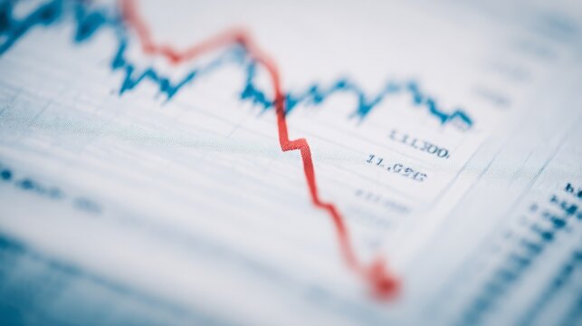 Close-up of financial chart with downward trending line symbolizing Federal Reserve rate cuts, economic recession concept, stock market volatility and investment risk analysis.