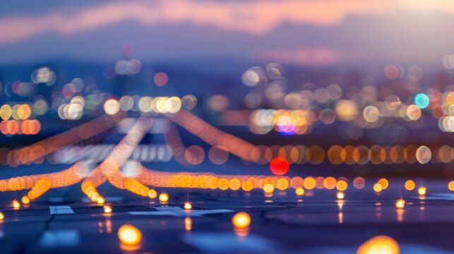 Close-up of airport runway with glowing landing lights at dusk, shallow depth of field, motion blur effect, travel and transportation concept.