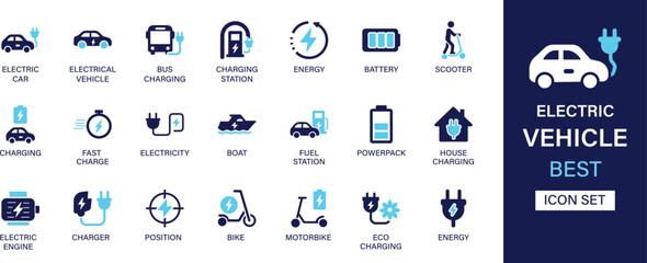 Electric Vehicle icon set collection. Electric car, bus charging, station, energy, battery, scooter, fast charger, electricity, boat, fuel and best solid icon set.