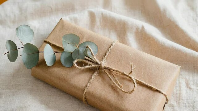 Wrapped gift box decorated with eucalyptus leaves on linen fabric