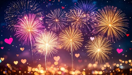 Fototapeta premium Colorful fireworks explode against a dark night sky, dotted with hearts