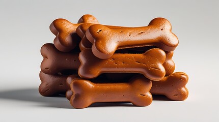 Classic bone-shaped dog treats with baked brown finish, isolated on white for clean pet food advertising visuals.