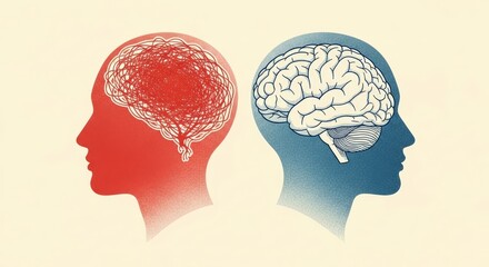Illustration of Two Human Heads with Brain Diagrams in Red and Blue Colors on Light Background