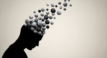 Silhouette of Person with Crumpled Paper Balls Exploding From Head in Artistic Conceptual Style