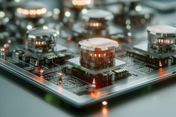 Futuristic Glowing Motherboard With Cylindrical Processing Units