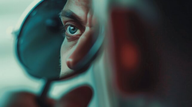 Young man looking at his reflection in mirror with thoughtful expression, self reflection and personal growth concept, narcissism or self love idea, psychological and emotional development