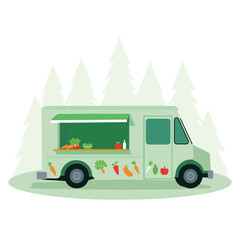 Obraz premium Modern vegetarian food truck with fresh produce, healthy lifestyle