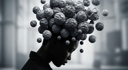 Black Woman Head Surrounded by Gray Crumpled Paper Balls Artistic Concept
