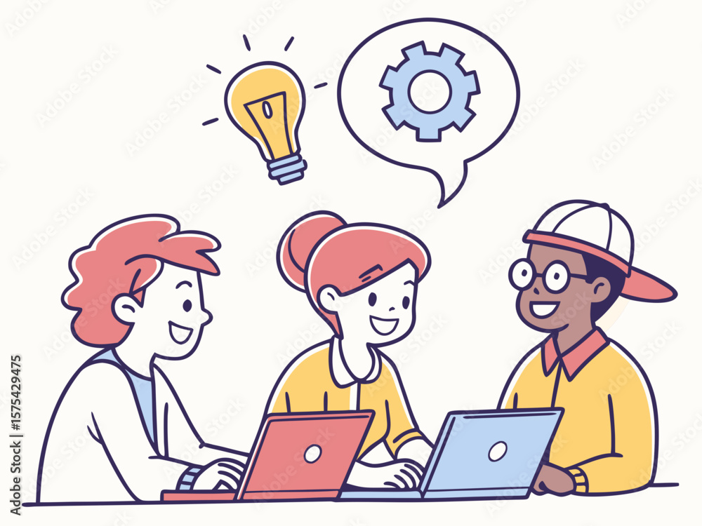 Poster diverse team collaborating on laptops with a lightbulb and gear idea symbol isolated on white backgr