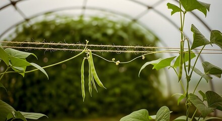 Fototapeta premium Growing Green Beans on Vines in a Greenhouse