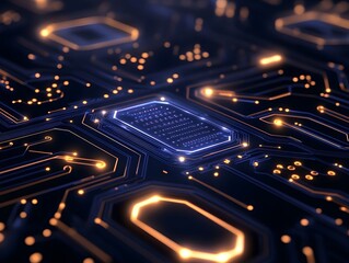 Detailed close-up view of glowing circuit board technology.