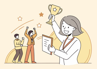 Woman holding trophy and certificate with cheering colleagues isolated on white background