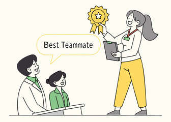 Woman awards a gold medal for best teammate to a man and woman isolated on white background