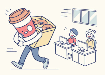 Happy coffee cup character carrying donuts to smiling office workers isolated on white background