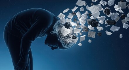 Abstract Digital Brain Explosion with Floating Papers and Data Visualization in Dark Blue Background