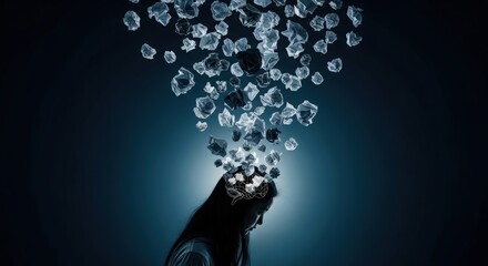 Abstract Woman with Crystals Falling From Head in Surreal Dark Scene