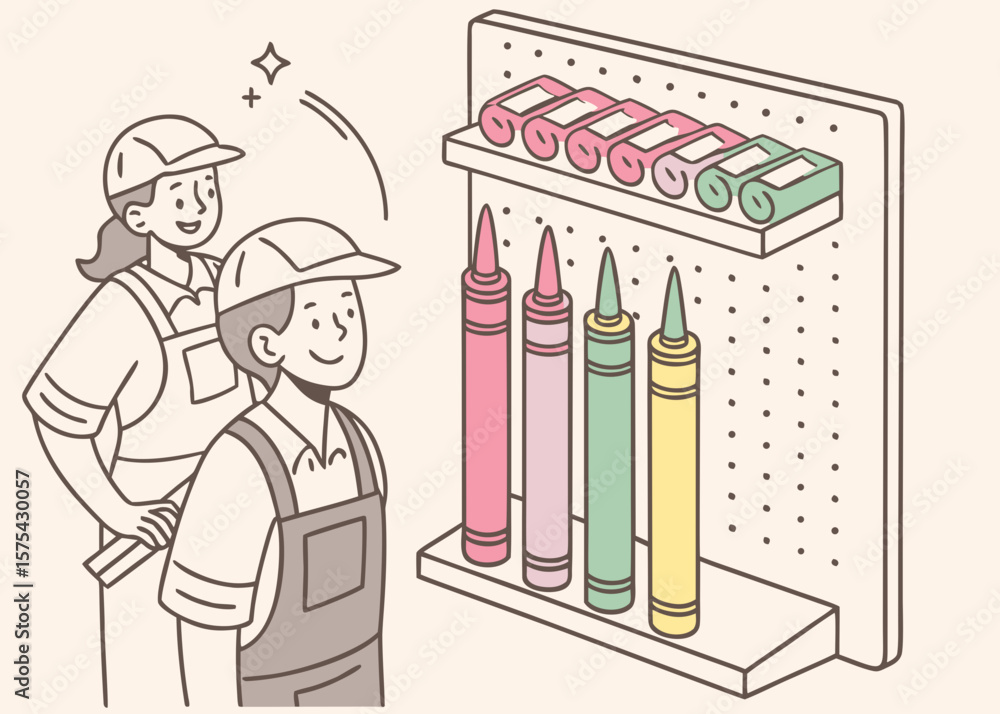 Poster two smiling workers in overalls and caps looking at crayons on a pegboard isolated on white backgrou