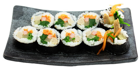Traditional Korean Gimbap Rolls on Ceramic Plate