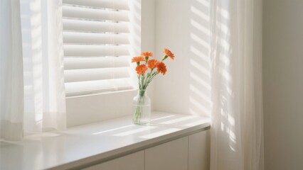 On the windowsill, a transparent vase with several small orange flowers, sunlight falling, blending with white curtains and the windowsill, creating a fresh and healing atmosphere.