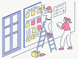 Two people collaborating on a project using a large task board isolated on white background