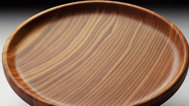 Empty round wooden plate presenting smooth surface and wood grain