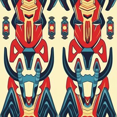 Pixel Art Geometric Pattern with Red and Blue Masks on Cream Background