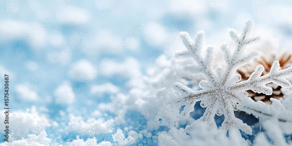 Poster extreme close up of snowflakes with defined textures and soft white backdrop