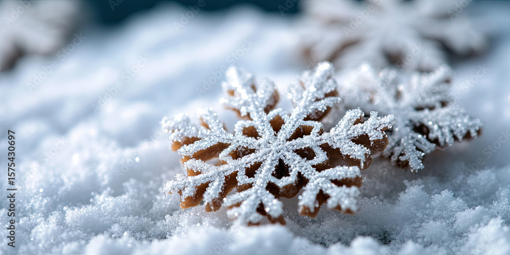 Poster extreme close up of snowflakes with defined textures and soft white backdrop