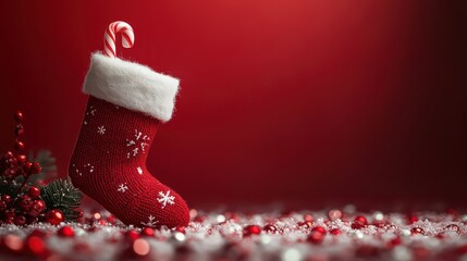 Christmas stocking with with candy cane red background.