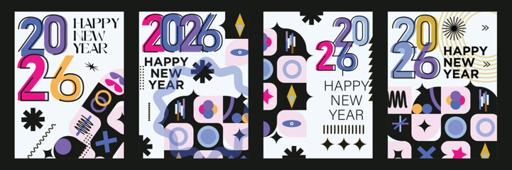 Modern 2026 New Year Poster Set Abstract Geometric Holiday Greeting Card Templates Collection of 2026 Happy New Year card, cover, poster. Vector illustration