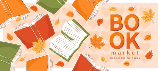 Banner for bookstore, library, sale in bookshop. Book market. Books with autumn bright leaves. Vector illustration for poster, cover, marketing.