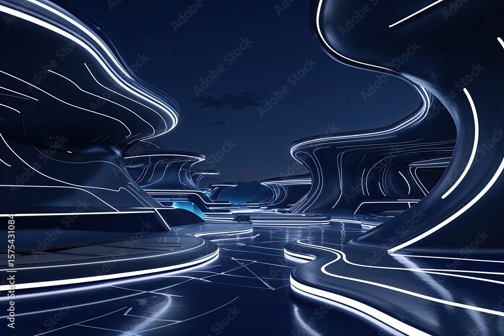 Poster deep navy future tech landscape with glowing lines and dynamic curves