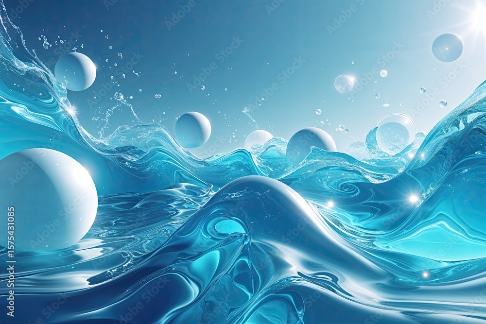 Poster dreamy crystal-clear azure background with wafting orbs and fluid patterns in a tranquil digital set