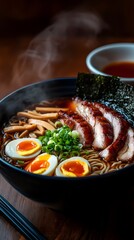 Close-up view of a steaming bowl of ramen.