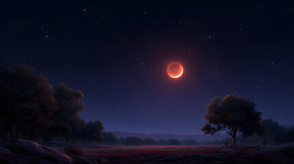 Lunar Eclipse Serenity: Capturing the ethereal beauty of a lunar eclipse, this image showcases a vibrant red moon suspended in a dark, starry sky, casting an otherworldly glow over a serene landscape.