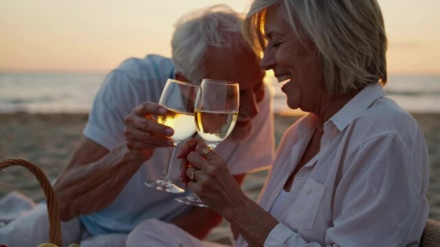 Golden hour beach toast: elderly couple enjoying wine at sunset by the sea