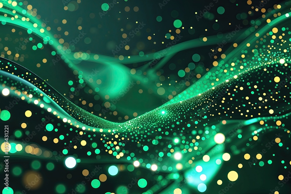 Poster futuristic abstract tech illustration with shiny emerald dots and continuous flow