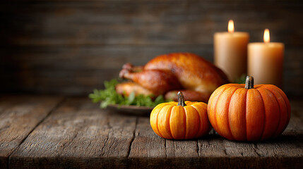 Two pumpkins on rustic wooden table with roasted turkey and candles in background, creating cozy autumn atmosphere