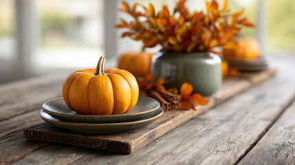 Small pumpkin sits on stacked plates on rustic wooden table, surrounded by autumn leaves and cinnamon sticks, creating cozy fall atmosphere