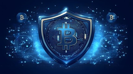 A digital shield protecting a bitcoin symbol.