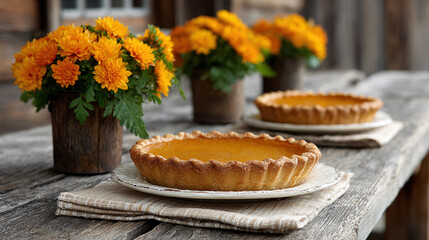 Pumpkin pies on rustic wooden table with vibrant orange flowers create cozy autumn atmosphere