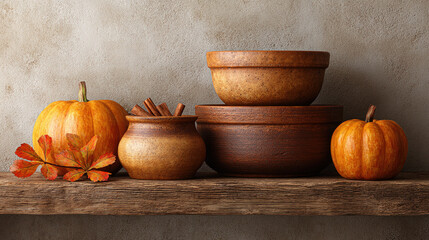 Rustic wooden bowls and pumpkins on wooden shelf evoke warm autumn atmosphere