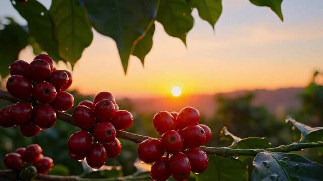 Coffee cherries on a branch glow in the sunrise light