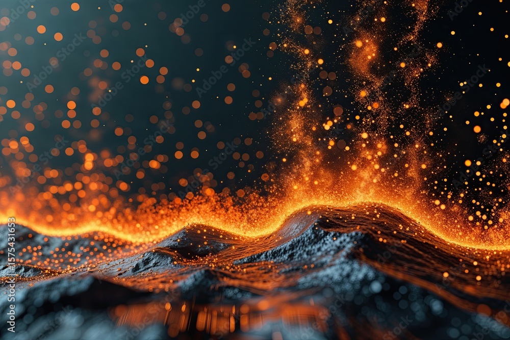 Poster experimental technology abstract backdrop with fiery orange particles and rhythmic cascade
