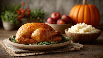 Roasted turkey with rosemary on wooden plate, surrounded by apples, mashed potatoes, and pumpkin, creating cozy autumn atmosphere
