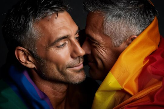 Photography of mature gay men couple embracing closely with light skin and short gray hair, featuring a vibrant rainbow flag