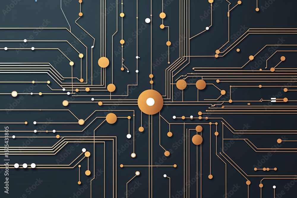 Poster simplistic abstract circuit design with lines and dots for modern technology interface and network c