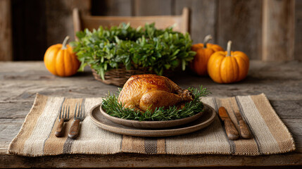 Beautifully roasted chicken sits on rustic table, surrounded by fresh herbs and small pumpkins, creating cozy autumn atmosphere