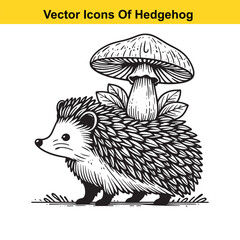 Black and White Line Art of a Hedgehog with Mushroom or Leaf – Easy Tracing Vector