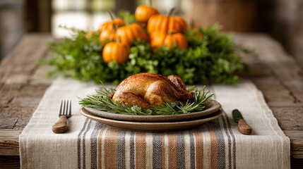 Roasted chicken on rustic table with pumpkins and greenery, creating cozy autumn atmosphere